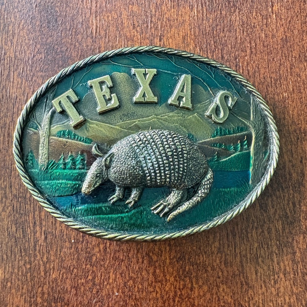 Texas Armadillo Belt Buckle Vintage 1980 Made in the USA raised metal